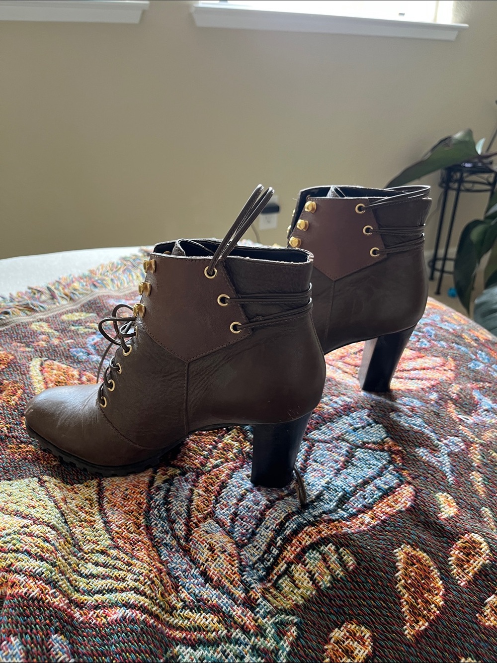 Diane Von Furstenberg Dark Brown Lace-Up Ankle Booties with Gold Eyelets